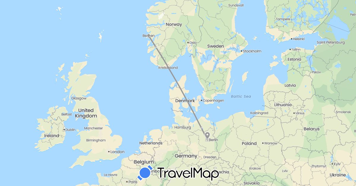 TravelMap itinerary: driving, plane in Germany, Norway (Europe)