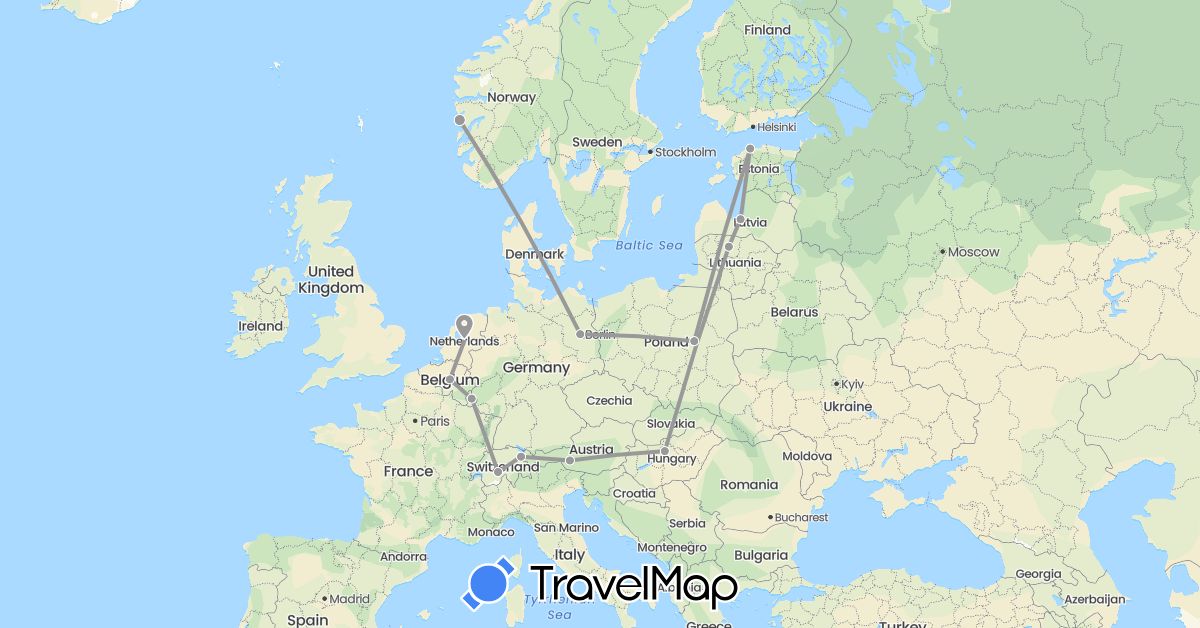 TravelMap itinerary: driving, plane in Austria, Belgium, Switzerland, Germany, Estonia, Hungary, Lithuania, Luxembourg, Latvia, Netherlands, Norway, Poland (Europe)